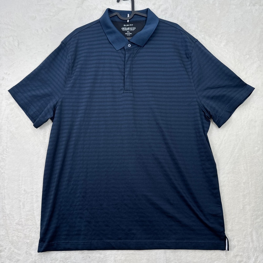 Awearness Kenneth Cole Polo Mens XL Navy Blue Striped Slim Short Sleeve Shirt